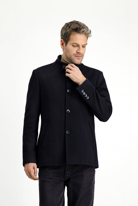 Siyah Lacivert Yünlü Klasik Kaban