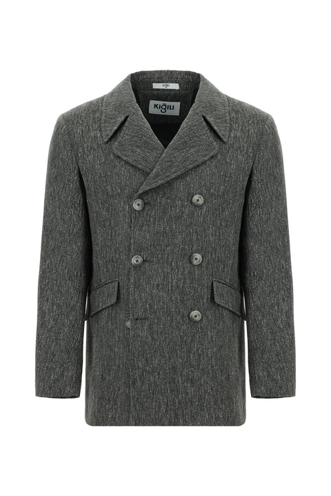 Dark Anthracite Patterned Wool Double-Breasted Coat