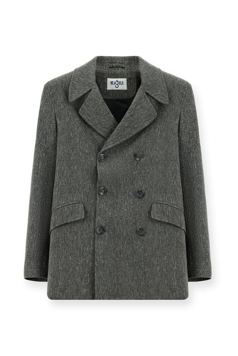 Koyu Antrasit Desenli Yünlü Kruvaze Kaban