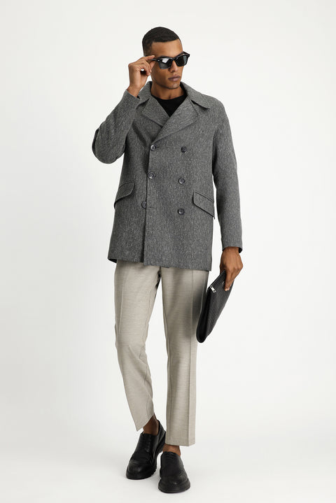 Koyu Antrasit Desenli Yünlü Kruvaze Kaban