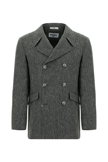 Koyu Antrasit Desenli Yünlü Kruvaze Kaban