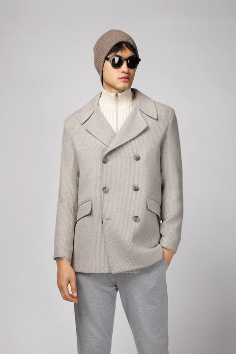 Orta Gri Yünlü Desenli Kruvaze Kaban