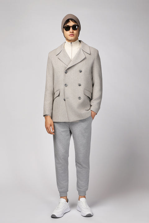 Orta Gri Yünlü Desenli Kruvaze Kaban