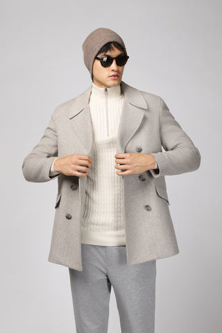  Orta Gri Yünlü Desenli Kruvaze Kaban