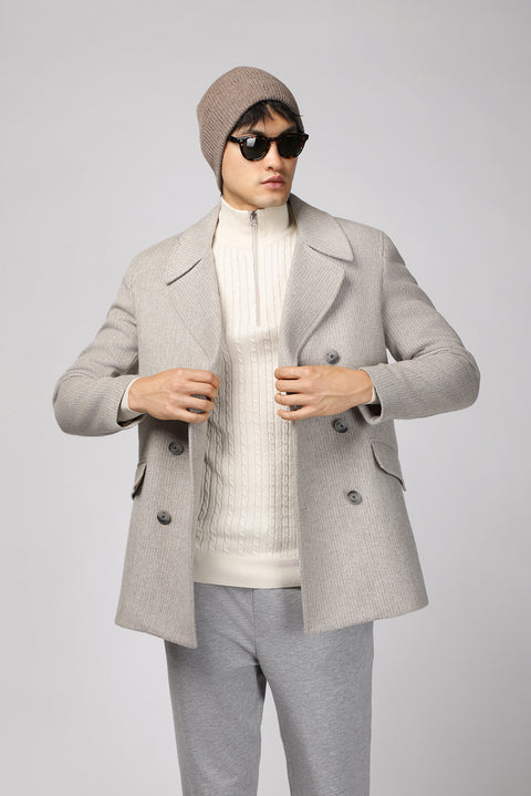 Orta Gri Yünlü Desenli Kruvaze Kaban