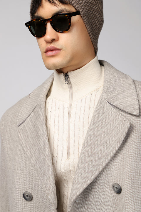 Orta Gri Yünlü Desenli Kruvaze Kaban