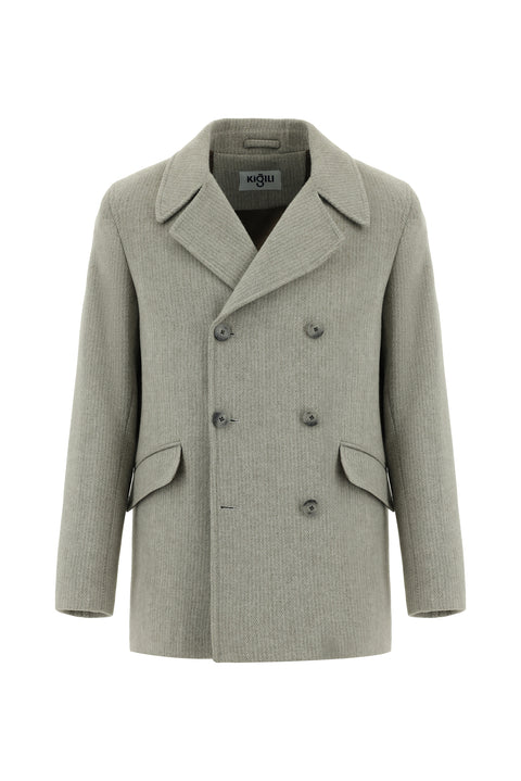 Orta Gri Yünlü Desenli Kruvaze Kaban