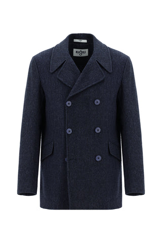  Koyu Lacivert Yünlü Desenli Kruvaze Kaban