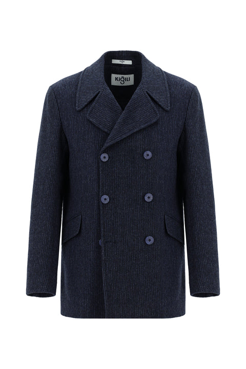 Koyu Lacivert Yünlü Desenli Kruvaze Kaban