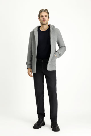  Orta Gri Yünlü Kapüşonlu İtalyan Kaban