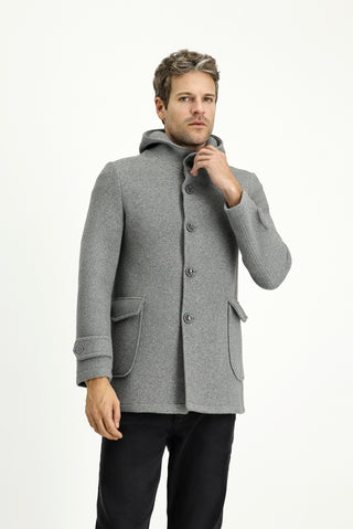  Orta Gri Yünlü Kapüşonlu İtalyan Kaban