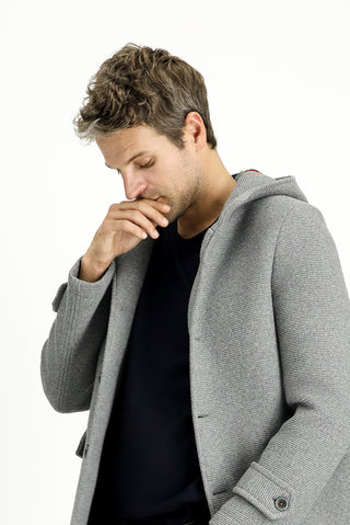  Orta Gri Yünlü Kapüşonlu İtalyan Kaban