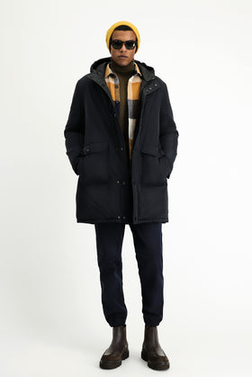 Koyu Lacivert Kapüşonlu Çift Taraflı Şişme Spor Kaban