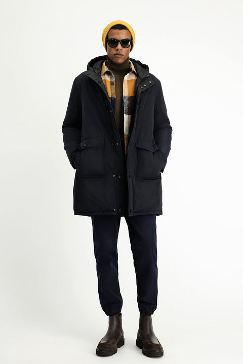 Koyu Lacivert Kapüşonlu Çift Taraflı Şişme Spor Kaban