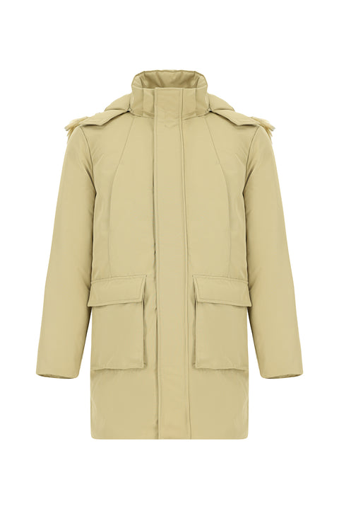 Orta Bej Kapüşonlu Kürklü Spor Şişme Kaban