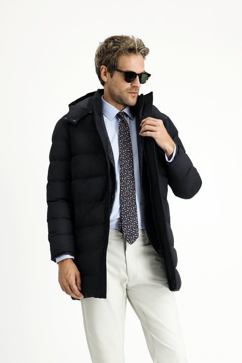 Koyu Lacivert Slim Fit Dar Kesim Kapüşonlu Spor Şişme Kaban