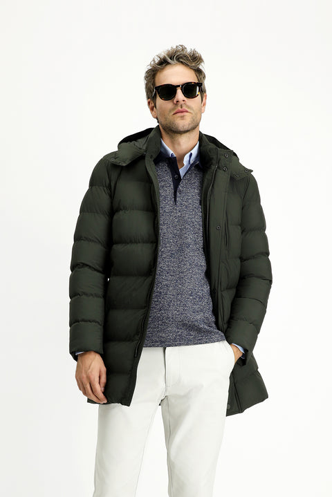 Orta Haki Slim Fit Dar Kesim Kapüşonlu Spor Şişme Kaban