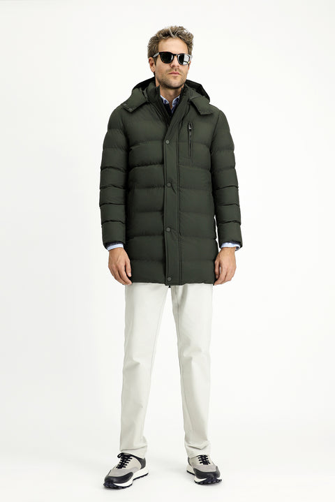 Orta Haki Slim Fit Dar Kesim Kapüşonlu Spor Şişme Kaban