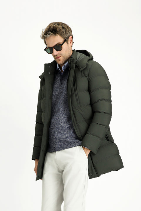 Orta Haki Slim Fit Dar Kesim Kapüşonlu Spor Şişme Kaban