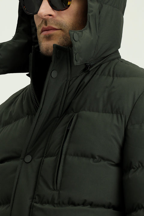 Orta Haki Slim Fit Dar Kesim Kapüşonlu Spor Şişme Kaban