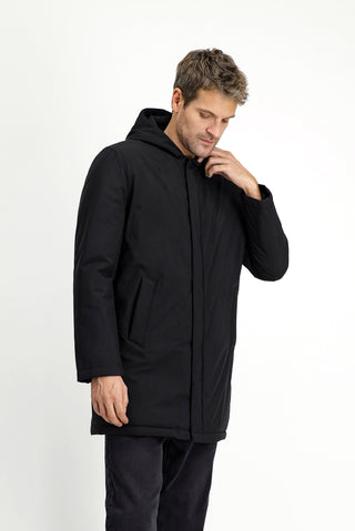  Siyah Slim Fit Dar Kesim Kapüşonlu Spor Şişme Kaban