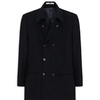 Koyu Lacivert Yünlü Cepli Düğmeli Kruvaze Palto