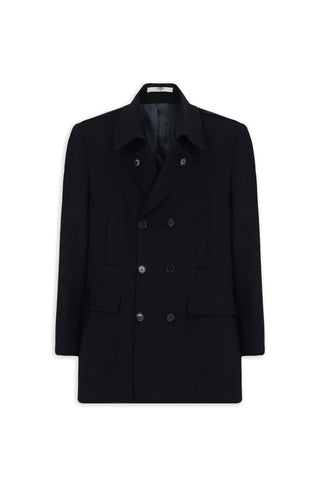  Koyu Lacivert Yünlü Cepli Düğmeli Kruvaze Palto