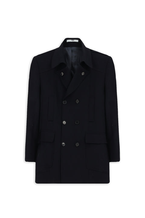 Koyu Lacivert Yünlü Cepli Düğmeli Kruvaze Palto