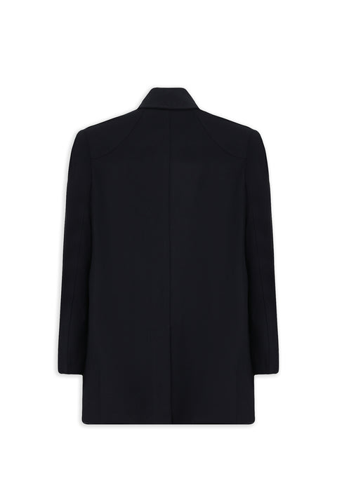 Koyu Lacivert Yünlü Cepli Düğmeli Kruvaze Palto