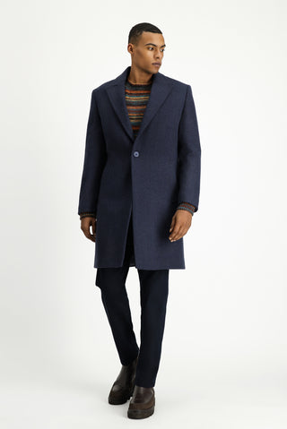  Orta Lacivert Yünlü Oversize Desenli Klasik Palto