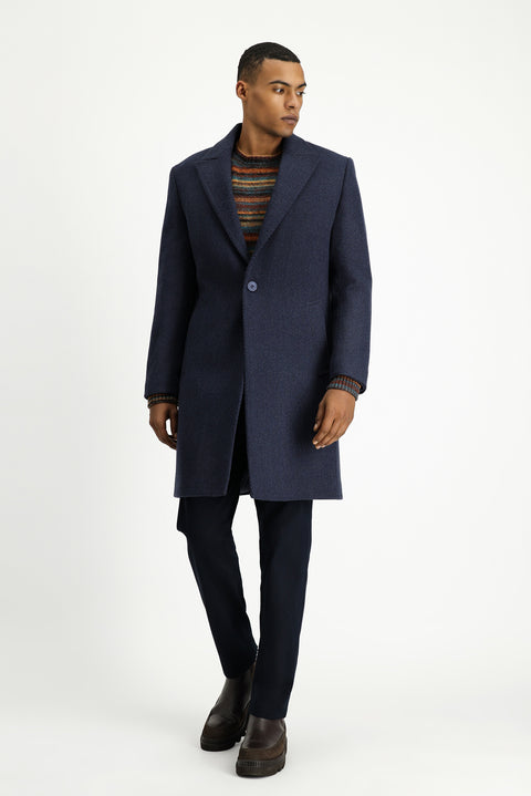 Orta Lacivert Yünlü Oversize Desenli Klasik Palto