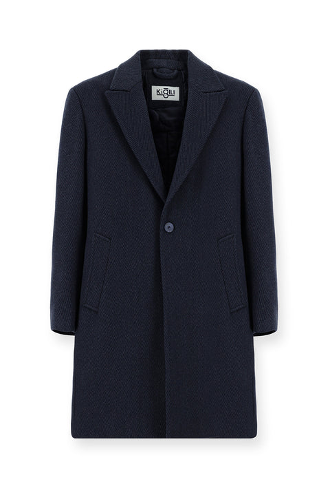 Orta Lacivert Yünlü Oversize Desenli Klasik Palto