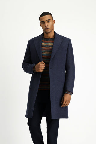  Orta Lacivert Yünlü Oversize Desenli Klasik Palto