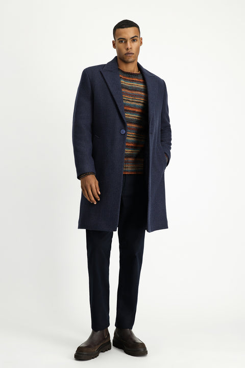 Orta Lacivert Yünlü Oversize Desenli Klasik Palto