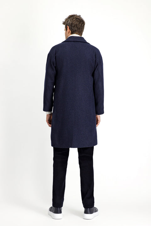 Orta Lacivert Yünlü Oversize Desenli Klasik Palto