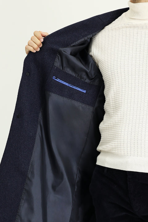 Orta Lacivert Yünlü Oversize Desenli Klasik Palto