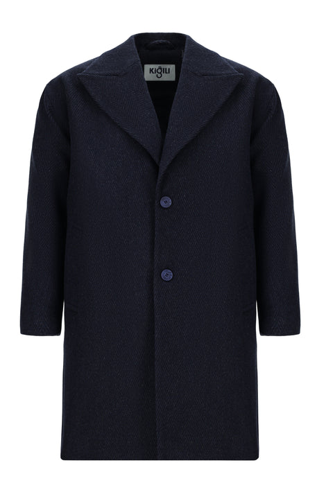 Orta Lacivert Yünlü Oversize Desenli Klasik Palto