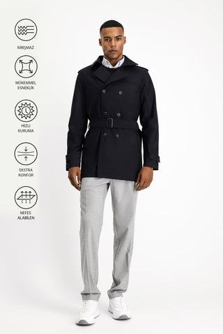  Koyu Lacivert Techno-Line Kruvaze Pardösü & Trençkot