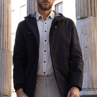 Siyah Techno-Line Likralı Kapüşonlu Pardösü & Trençkot