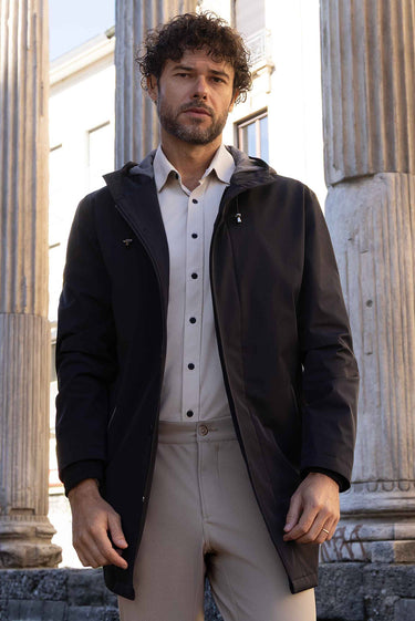  Siyah Techno-Line Likralı Kapüşonlu Pardösü & Trençkot