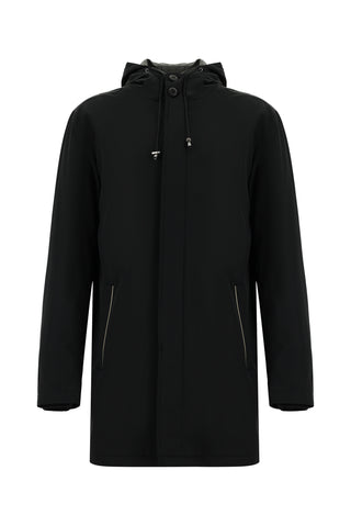  Siyah Techno-Line Likralı Kapüşonlu Pardösü & Trençkot