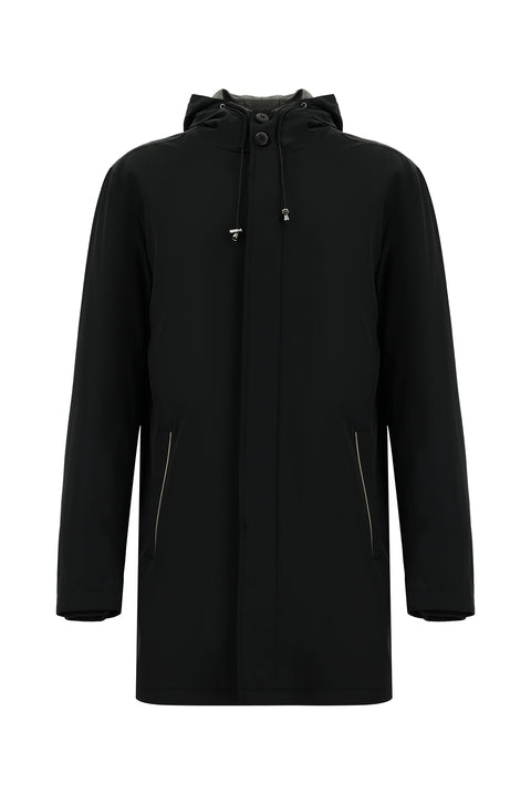 Siyah Techno-Line Likralı Kapüşonlu Pardösü & Trençkot