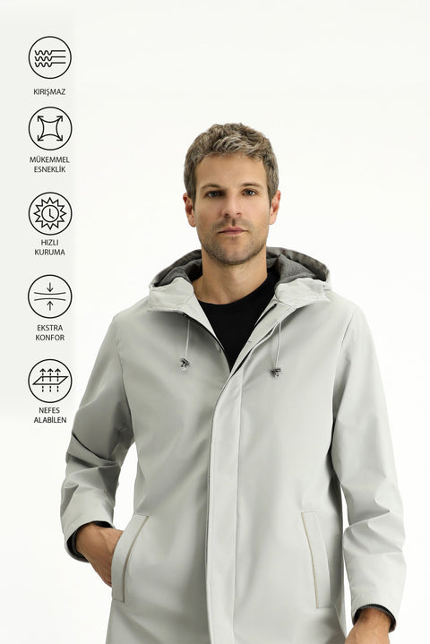 Açık Gri Techno-Line Likralı Kapüşonlu Pardösü & Trençkot