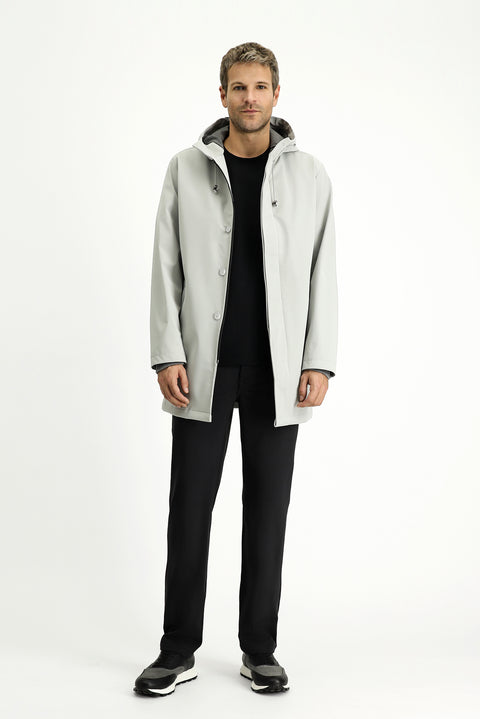 Açık Gri Techno-Line Likralı Kapüşonlu Pardösü & Trençkot