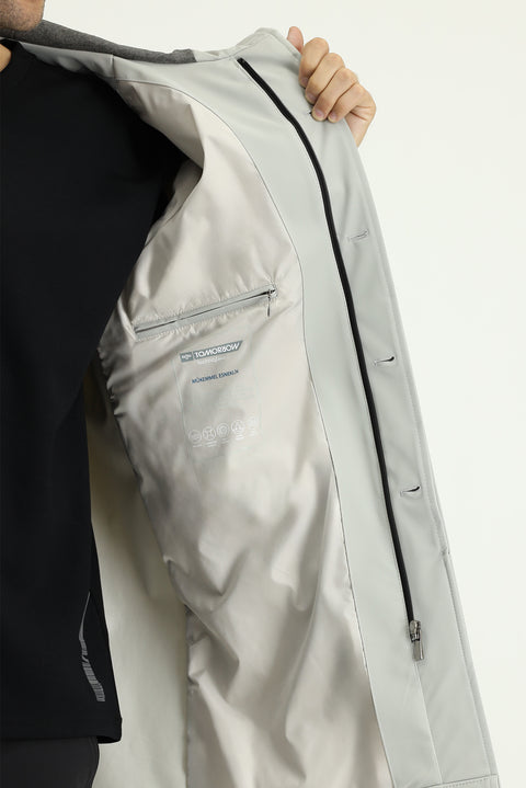 Açık Gri Techno-Line Likralı Kapüşonlu Pardösü & Trençkot