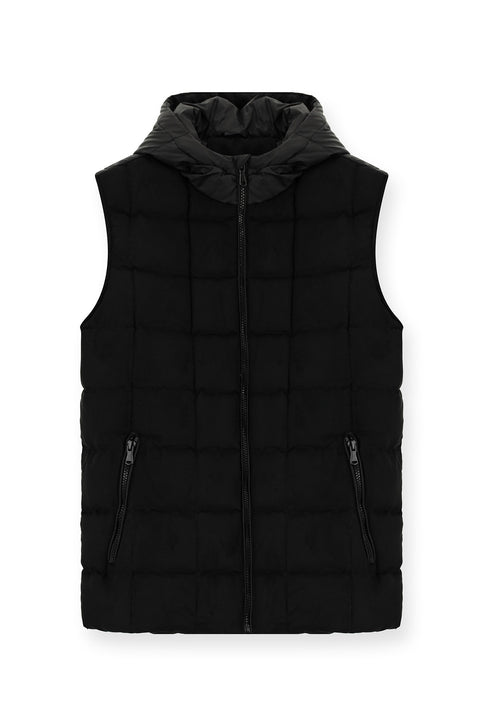 Siyah Slim Fit Dar Kesim Kapüşonlu Spor Yelek