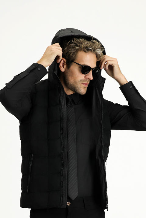 Siyah Slim Fit Dar Kesim Kapüşonlu Spor Yelek