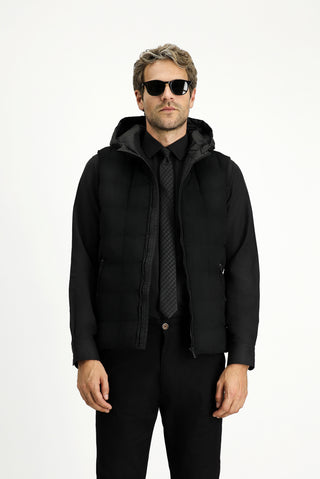  Siyah Slim Fit Dar Kesim Kapüşonlu Spor Yelek