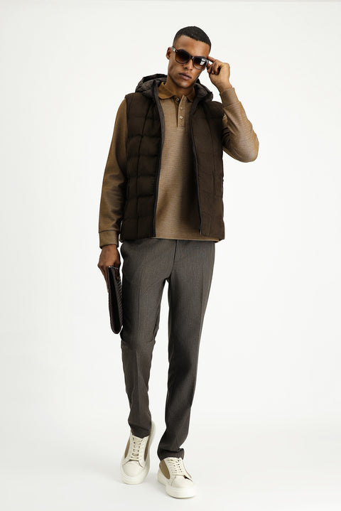 Orta Kahve Slim Fit Dar Kesim Kapüşonlu Spor Yelek