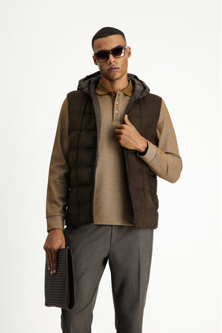  Orta Kahve Slim Fit Dar Kesim Kapüşonlu Spor Yelek